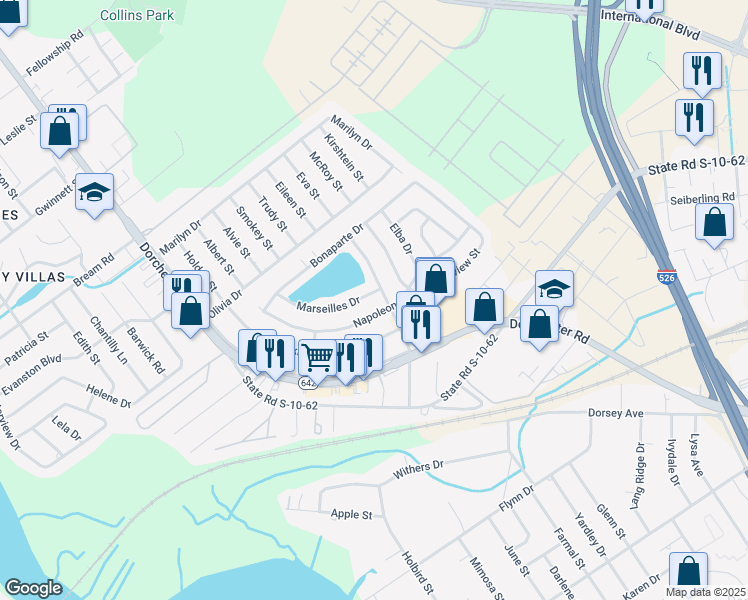 map of restaurants, bars, coffee shops, grocery stores, and more near 5108 Marseilles Drive in North Charleston