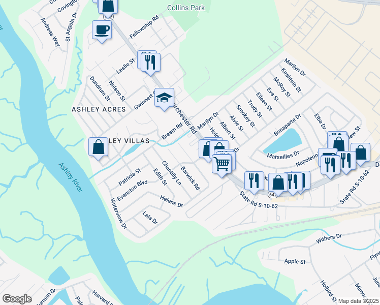 map of restaurants, bars, coffee shops, grocery stores, and more near 5365 Dorchester Road in North Charleston