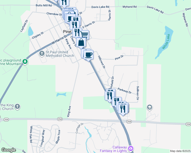map of restaurants, bars, coffee shops, grocery stores, and more near 400 Main Street in Pine Mountain