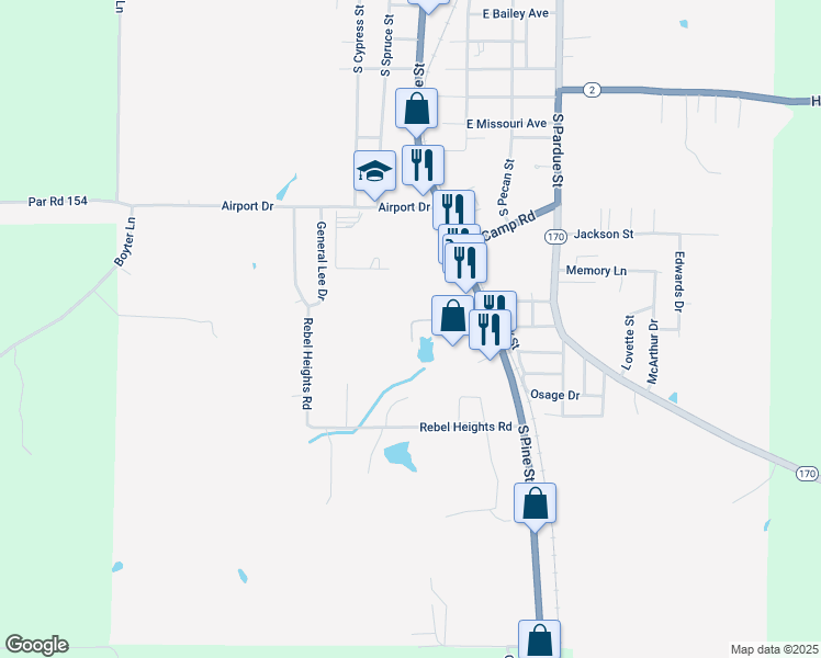 map of restaurants, bars, coffee shops, grocery stores, and more near 130 Williamson Way in Vivian