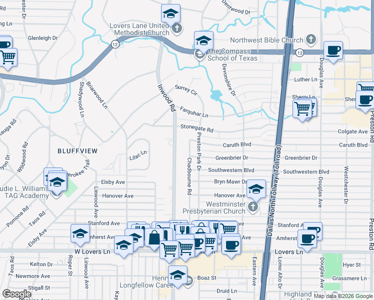map of restaurants, bars, coffee shops, grocery stores, and more near 8626 Inwood Road in Dallas