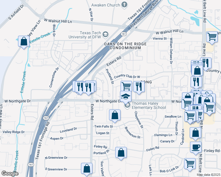 map of restaurants, bars, coffee shops, grocery stores, and more near 3839 Portland Street in Irving