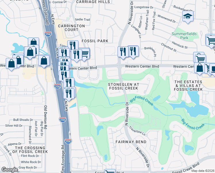 map of restaurants, bars, coffee shops, grocery stores, and more near 3509 Stone Creek Court in Fort Worth