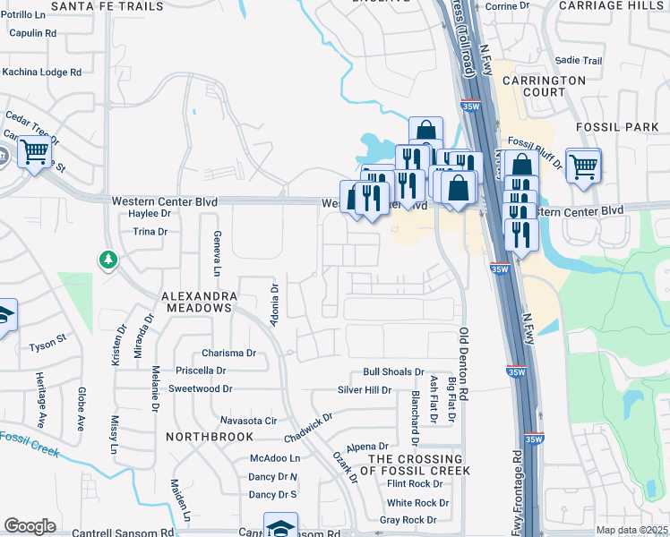 map of restaurants, bars, coffee shops, grocery stores, and more near Breeze Bay Point in Fort Worth