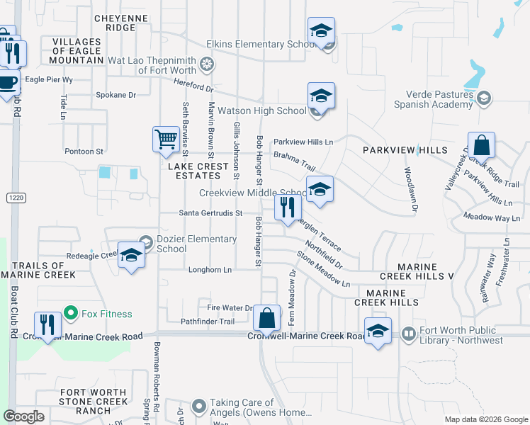 map of restaurants, bars, coffee shops, grocery stores, and more near 6713 Bob Hanger Street in Fort Worth