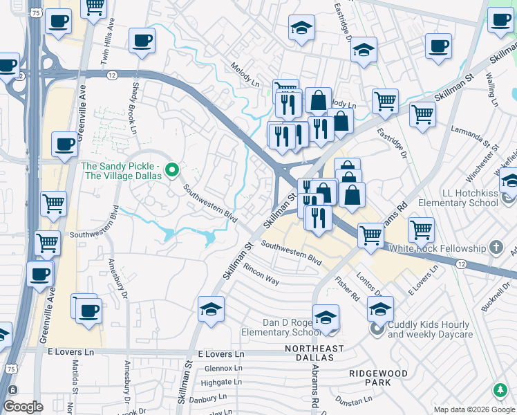 map of restaurants, bars, coffee shops, grocery stores, and more near 8865 Southwestern Boulevard in Dallas