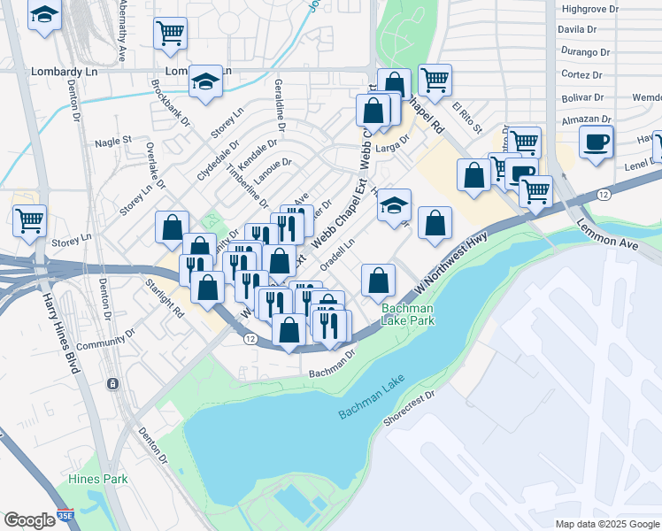 map of restaurants, bars, coffee shops, grocery stores, and more near 3102 Oradell Lane in Dallas