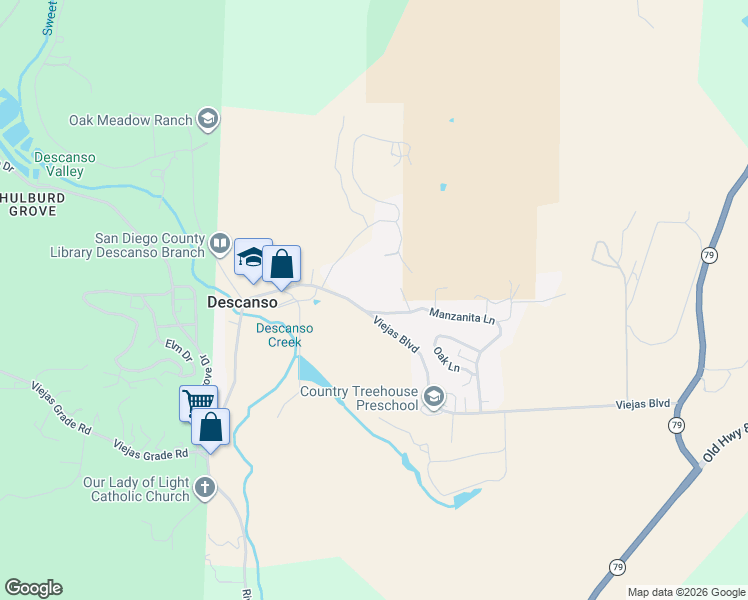 map of restaurants, bars, coffee shops, grocery stores, and more near 25008 Manzanita Lane in Descanso
