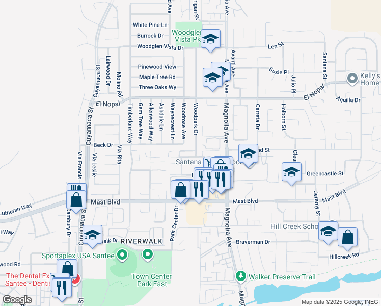 map of restaurants, bars, coffee shops, grocery stores, and more near 10158 Carefree Drive in Santee