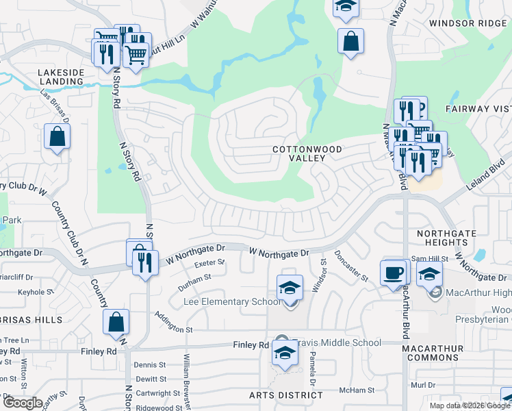 map of restaurants, bars, coffee shops, grocery stores, and more near 1717 South Cottonwood Valley Circle in Irving
