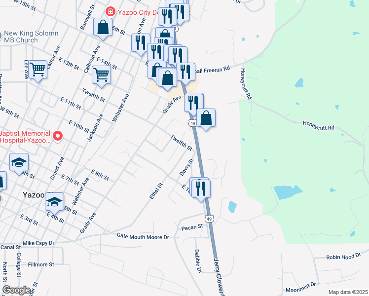 map of restaurants, bars, coffee shops, grocery stores, and more near 1205 Ethel Street in Yazoo City