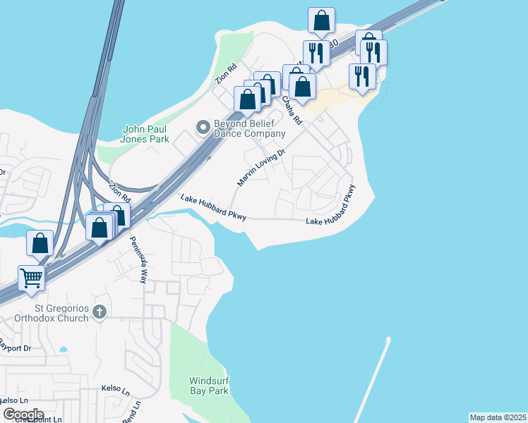 map of restaurants, bars, coffee shops, grocery stores, and more near 5730 Marvin Loving Drive in Garland