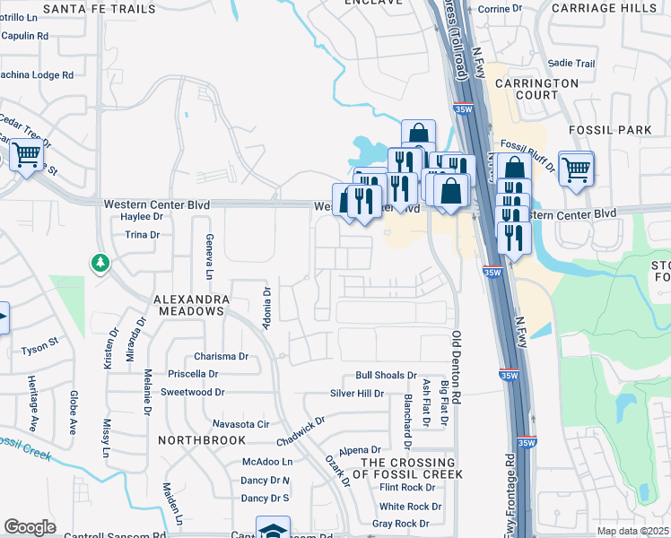 map of restaurants, bars, coffee shops, grocery stores, and more near Breeze Bay Point in Fort Worth