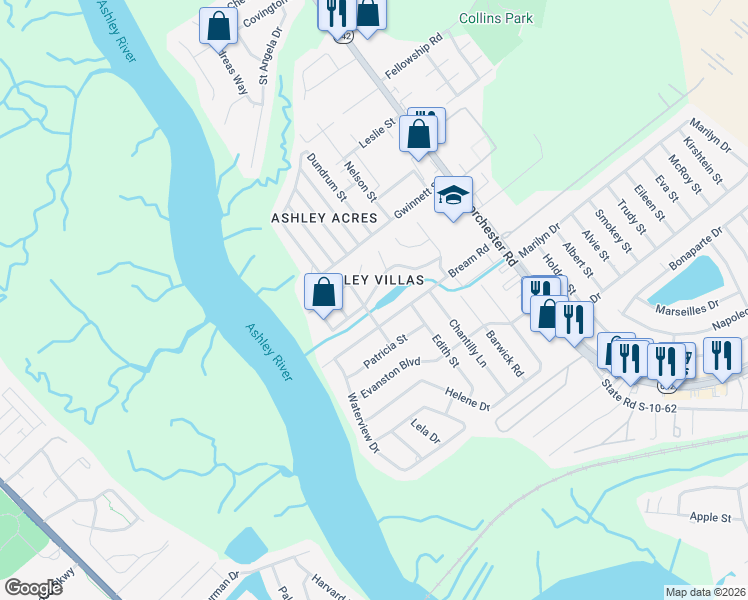 map of restaurants, bars, coffee shops, grocery stores, and more near 4387 Purdue Drive in North Charleston