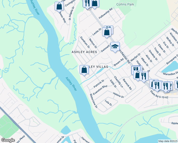 map of restaurants, bars, coffee shops, grocery stores, and more near 5577 East Shirley Drive in North Charleston