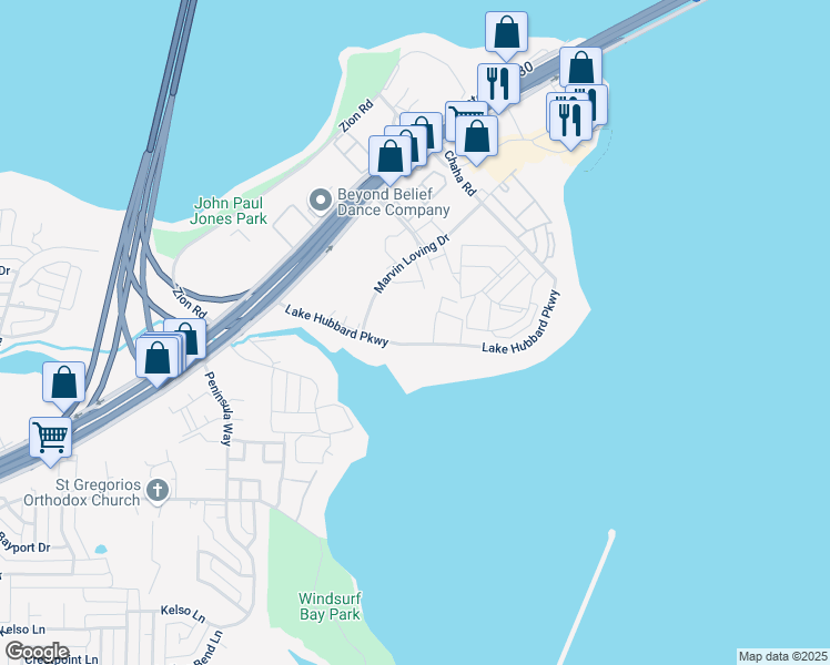 map of restaurants, bars, coffee shops, grocery stores, and more near 5730 Marvin Loving Drive in Garland