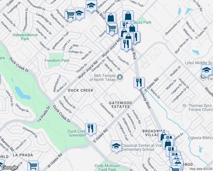 map of restaurants, bars, coffee shops, grocery stores, and more near 4509 Tranquility Drive in Garland