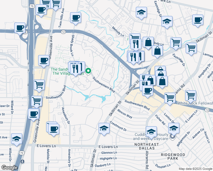 map of restaurants, bars, coffee shops, grocery stores, and more near 8631 Southwestern Boulevard in Dallas