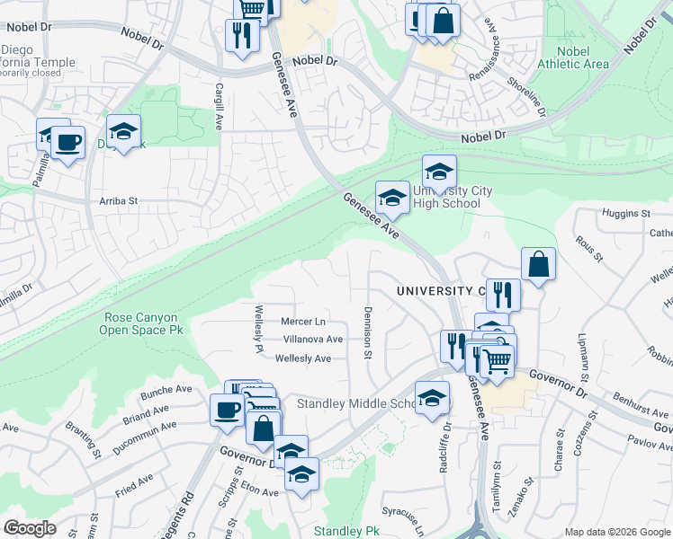 map of restaurants, bars, coffee shops, grocery stores, and more near 3570 Tony Drive in San Diego
