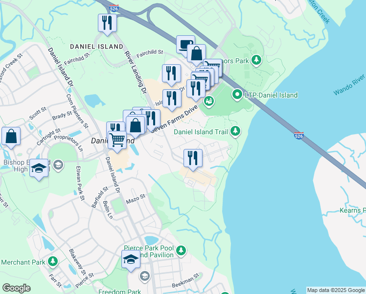 map of restaurants, bars, coffee shops, grocery stores, and more near 210 River Landing Drive in Charleston