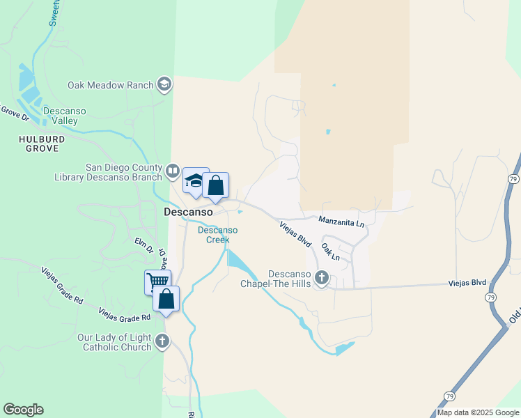 map of restaurants, bars, coffee shops, grocery stores, and more near 24974 Viejas Boulevard in Descanso