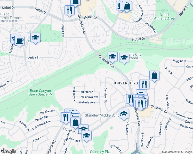 map of restaurants, bars, coffee shops, grocery stores, and more near 3570 Tony Drive in San Diego