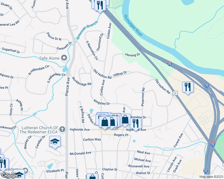 map of restaurants, bars, coffee shops, grocery stores, and more near 571 Corbin Avenue in Macon
