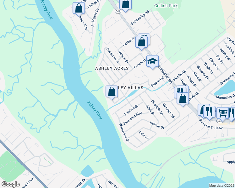 map of restaurants, bars, coffee shops, grocery stores, and more near 5577 East Shirley Drive in North Charleston