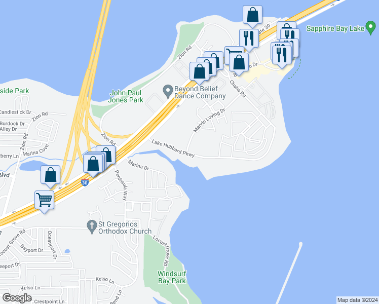 map of restaurants, bars, coffee shops, grocery stores, and more near 5706 Marvin Loving Drive in Garland