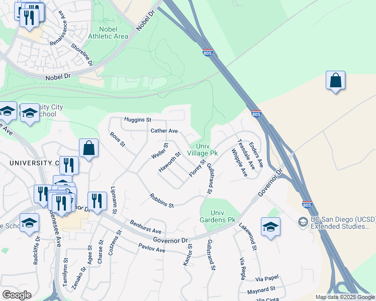 map of restaurants, bars, coffee shops, grocery stores, and more near 4755 Cather Avenue in San Diego