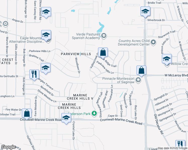 map of restaurants, bars, coffee shops, grocery stores, and more near 6424 Meadow Way Lane in Fort Worth