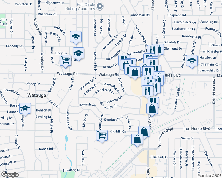 map of restaurants, bars, coffee shops, grocery stores, and more near 6425 Macarthur Drive in Watauga