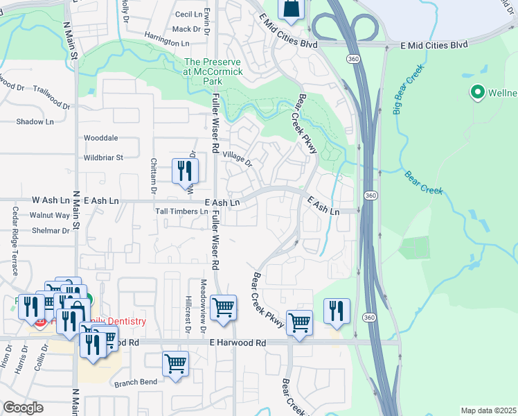 map of restaurants, bars, coffee shops, grocery stores, and more near 700 East Ash Lane in Euless