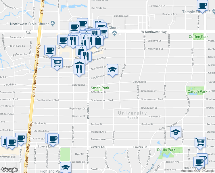 map of restaurants, bars, coffee shops, grocery stores, and more near 3929 Caruth Boulevard in Dallas