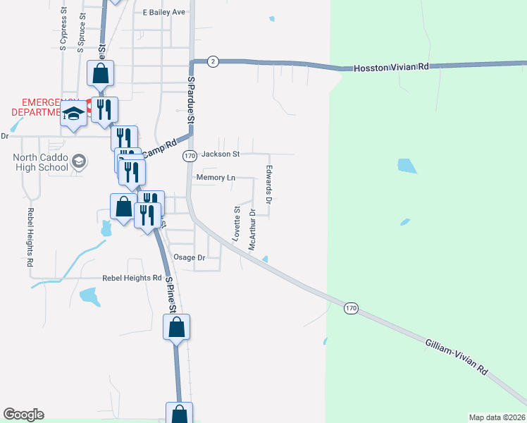 map of restaurants, bars, coffee shops, grocery stores, and more near 203 Edwards Drive in Vivian
