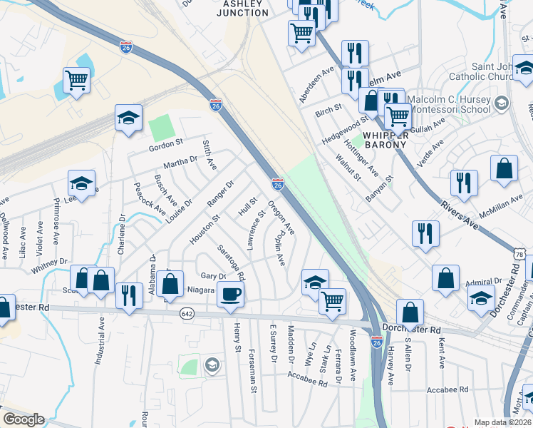 map of restaurants, bars, coffee shops, grocery stores, and more near 2627 Oregon Avenue in North Charleston