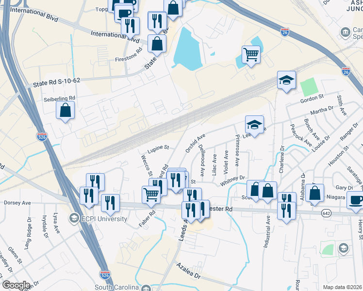 map of restaurants, bars, coffee shops, grocery stores, and more near 2650 Bennett Yard Road in North Charleston