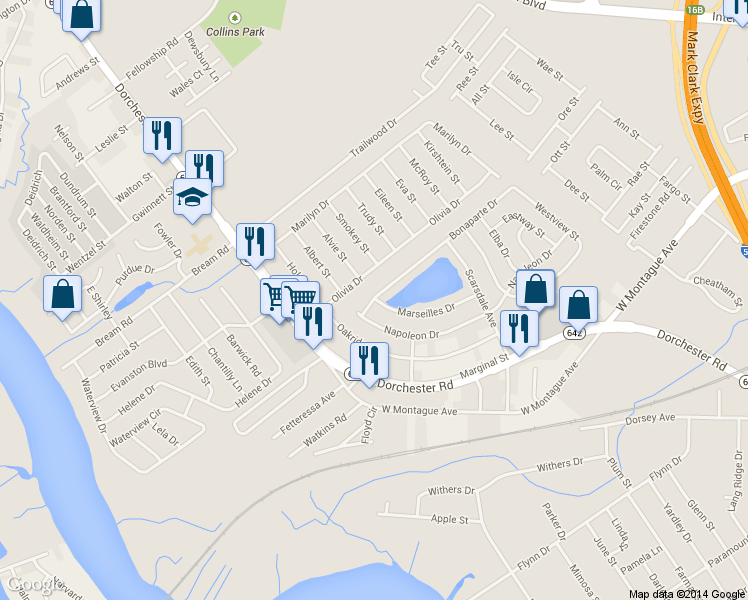 map of restaurants, bars, coffee shops, grocery stores, and more near 4211 Olivia Drive in North Charleston