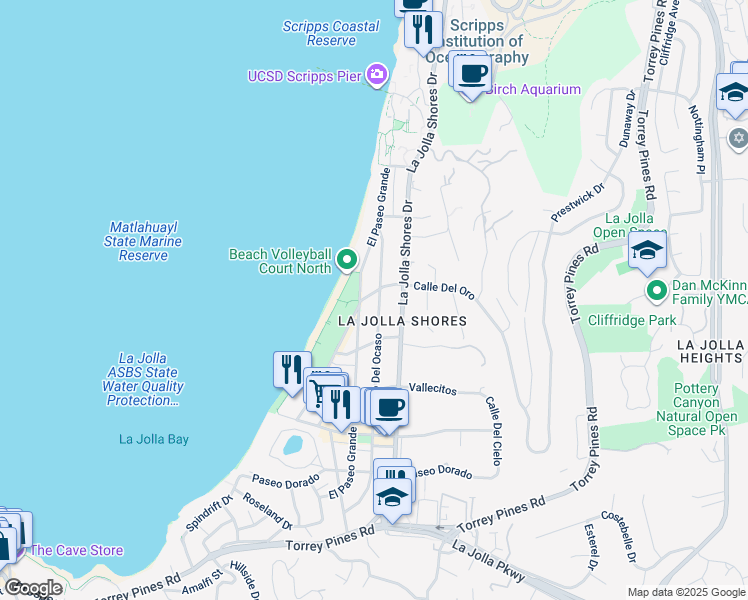 map of restaurants, bars, coffee shops, grocery stores, and more near 8374 Paseo Del Ocaso in San Diego
