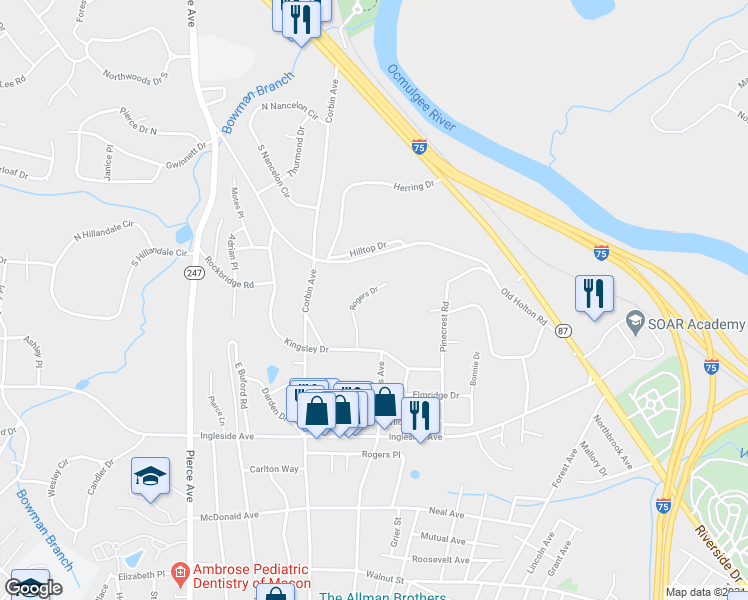 map of restaurants, bars, coffee shops, grocery stores, and more near 575 Rogers Drive in Macon