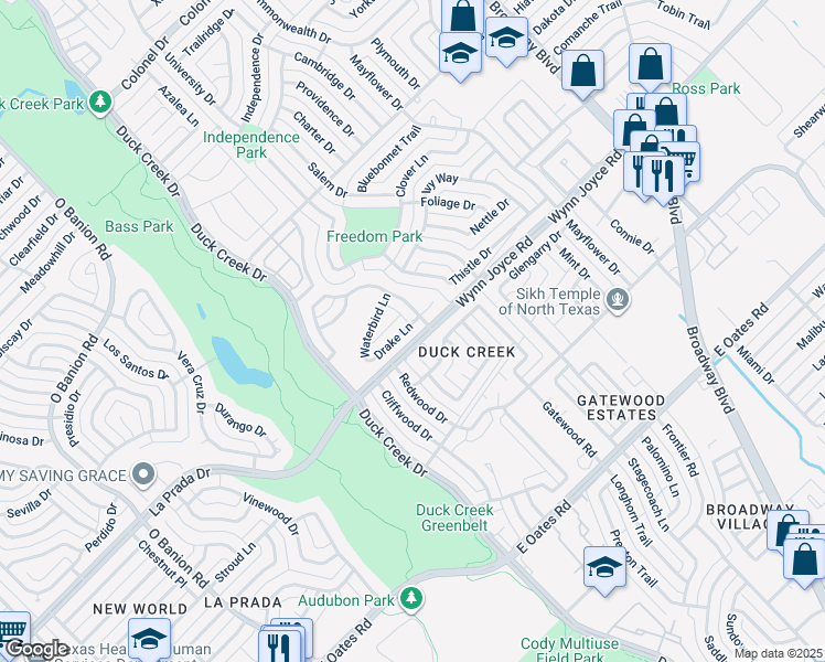 map of restaurants, bars, coffee shops, grocery stores, and more near 226 Drake Lane in Garland