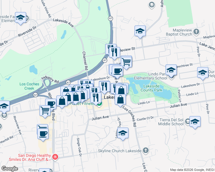 map of restaurants, bars, coffee shops, grocery stores, and more near 12382 Parkside Street in Lakeside