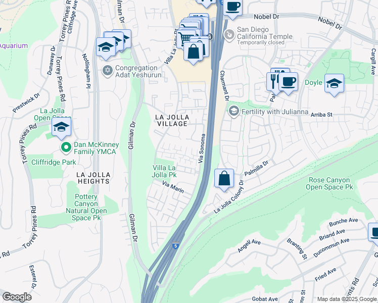 map of restaurants, bars, coffee shops, grocery stores, and more near 3294 Caminito Eastbluff in San Diego
