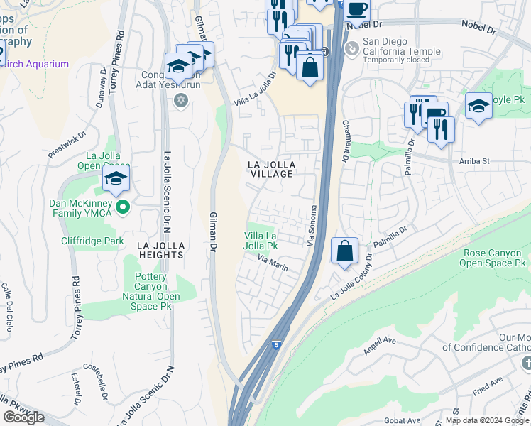map of restaurants, bars, coffee shops, grocery stores, and more near 3230 Caminito Eastbluff in San Diego