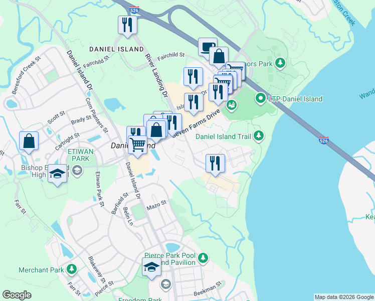 map of restaurants, bars, coffee shops, grocery stores, and more near 211 River Landing Drive in Charleston