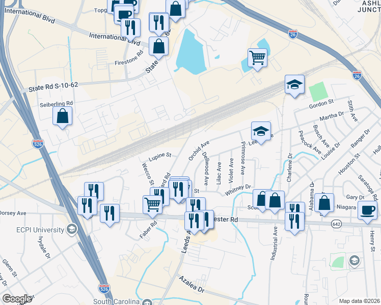 map of restaurants, bars, coffee shops, grocery stores, and more near 2650 Bennett Yard Road in North Charleston