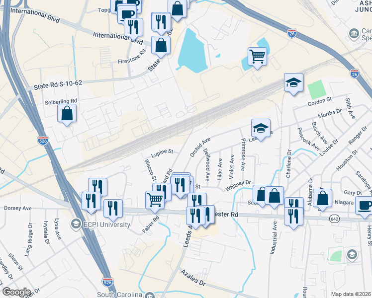 map of restaurants, bars, coffee shops, grocery stores, and more near 2650 Bennett Yard Road in North Charleston