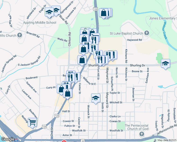 map of restaurants, bars, coffee shops, grocery stores, and more near 1498 Sanford Ave in Macon