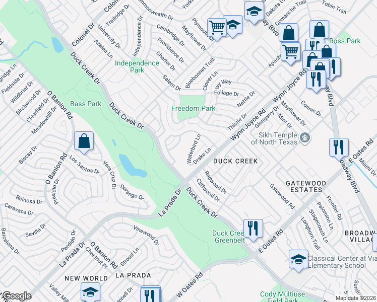 map of restaurants, bars, coffee shops, grocery stores, and more near 4410 Waterbird Lane in Garland