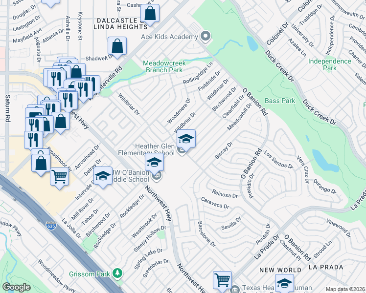 map of restaurants, bars, coffee shops, grocery stores, and more near 478 Birchwood Drive in Garland